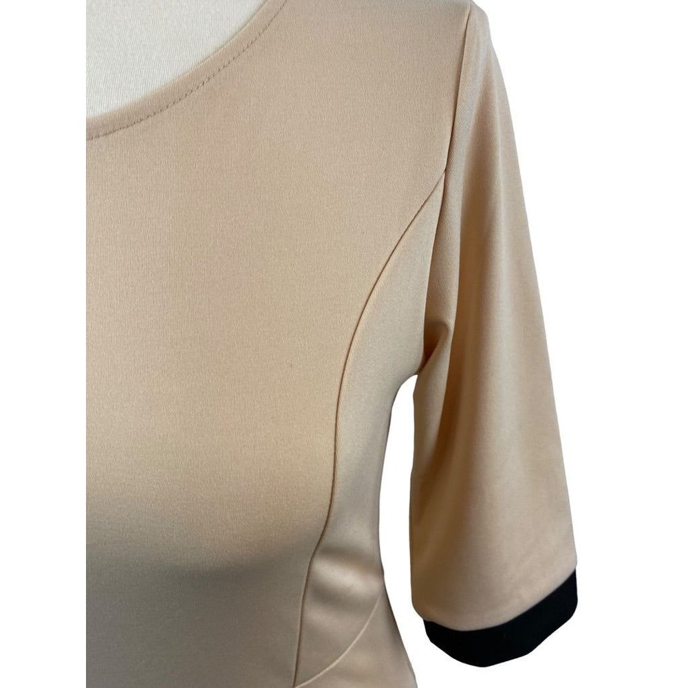 Medium Lupsona Stretch Sheath Dress 1/2 Sleeve Tan Black Trim - Picture 6 of 7